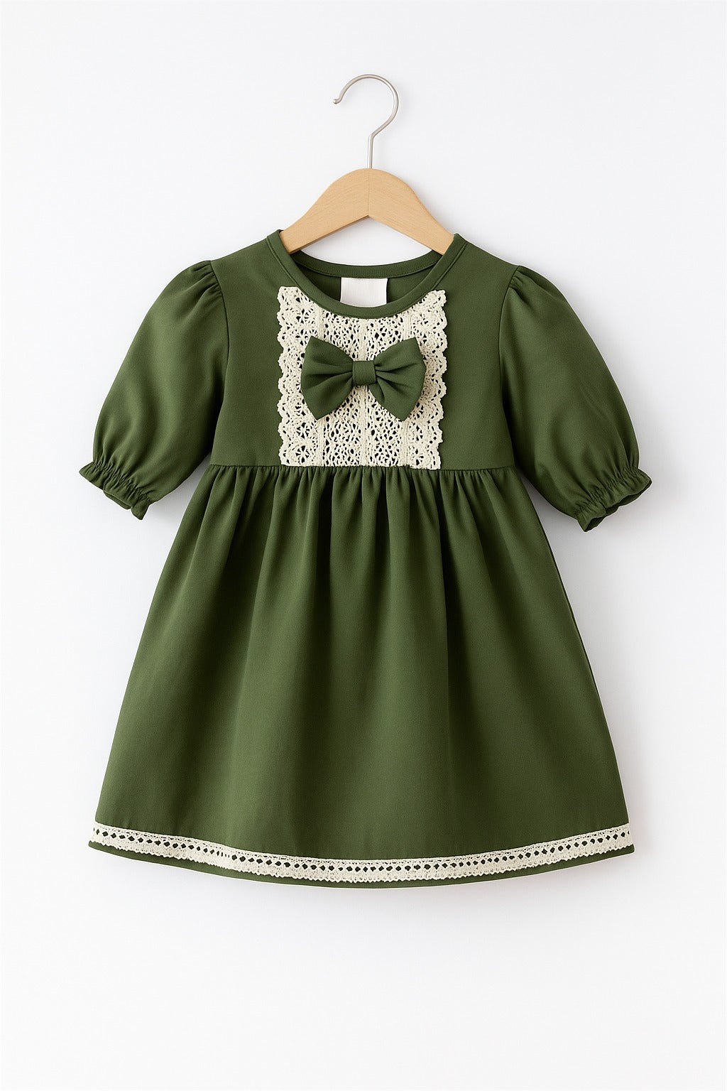 KIDS CLOTHES for 2-6 Years - Girl Dress Toddler Clothes, Vintage Olive Green Dress with Lace and Bow Detail Cotton Fabric Dress (Copy)