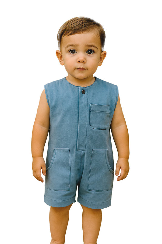 Kids Clothes - MINIMALIST DENIM ROMPER - Kids Clothing for 2-6 Years - Toddler Clothes, Light Pastel Colors, Cotton Fabric, Short Sleeve
