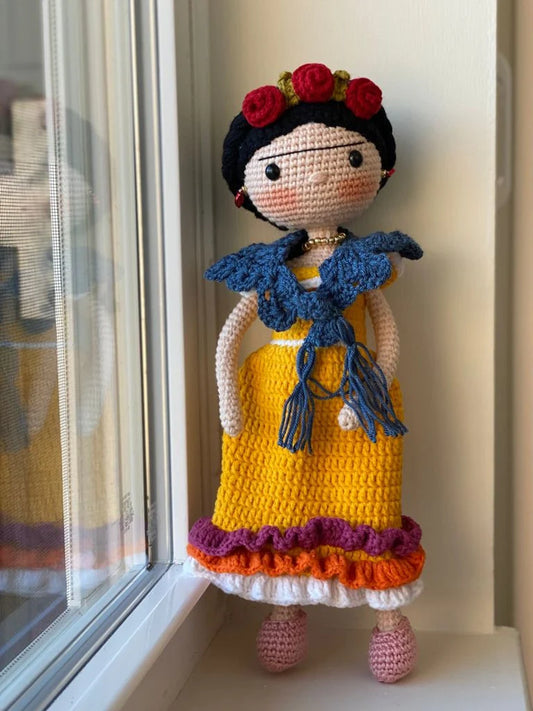 FRIDA KAHLO Crochet Doll Mexican painter Artist companion Unique friend Christmas gift Natural toy wire structure Miniature knit baby Sale