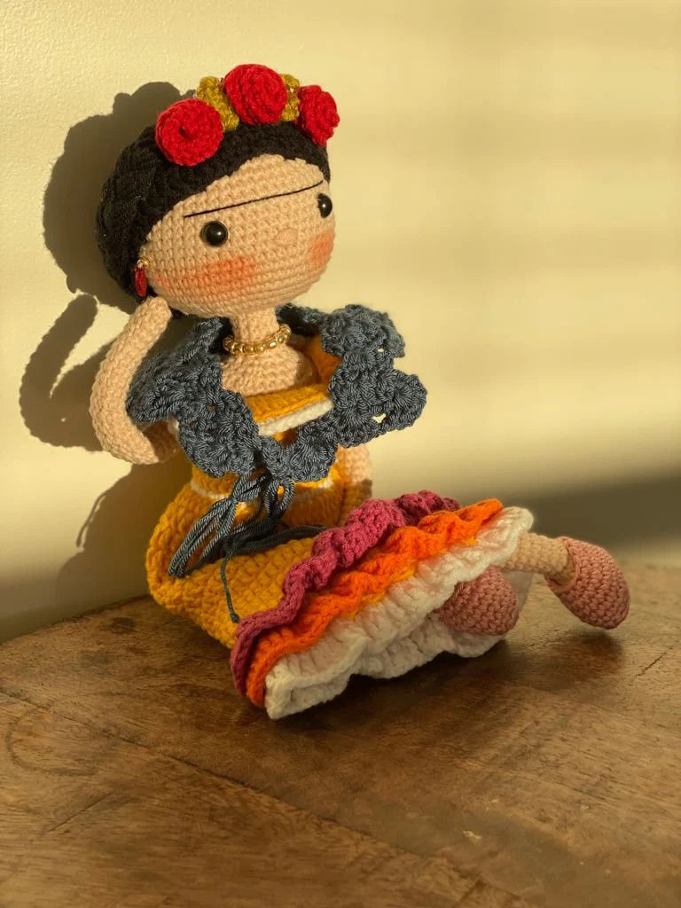 FRIDA KAHLO Crochet Doll Mexican painter Artist companion Unique friend Christmas gift Natural toy wire structure Miniature knit baby Sale