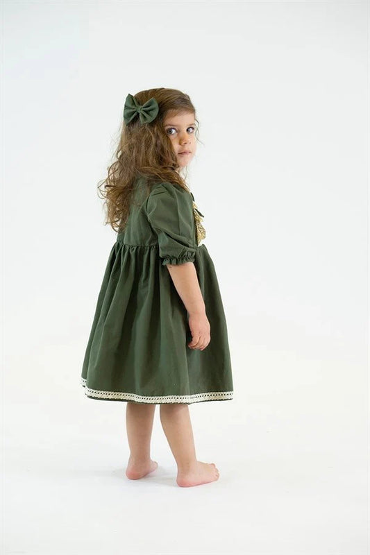 KIDS CLOTHES for 2-6 Years - Girl Dress Toddler Clothes, Vintage Olive Green Dress with Lace and Bow Detail Cotton Fabric Dress (Copy)