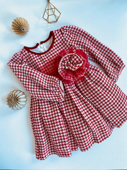 KIDS CLOTHES for 0-3 Years - Girl Dress Toddler Clothes, White and Red Houndstooth Cotton Fabric Dress