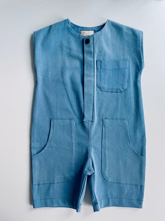 Kids Clothes - MINIMALIST DENIM ROMPER - Kids Clothing for 2-6 Years - Toddler Clothes, Light Pastel Colors, Cotton Fabric, Short Sleeve