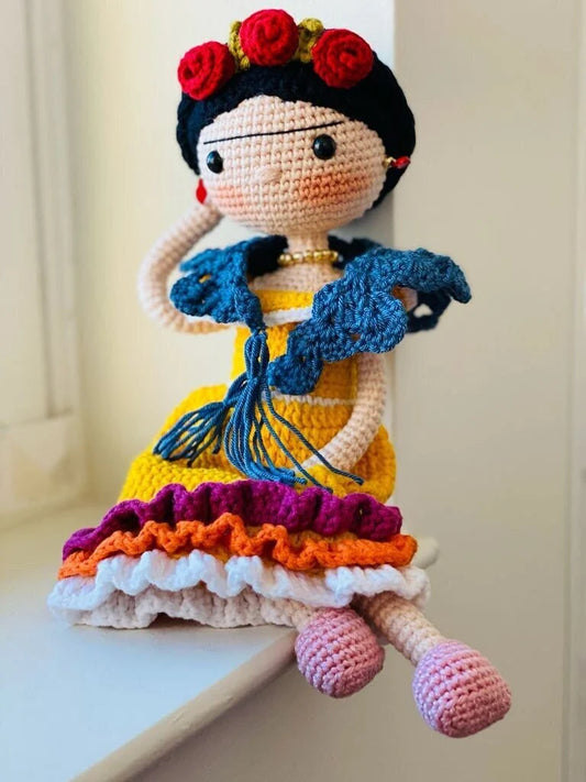 FRIDA KAHLO Crochet Doll Mexican painter Artist companion Unique friend Christmas gift Natural toy wire structure Miniature knit baby Sale