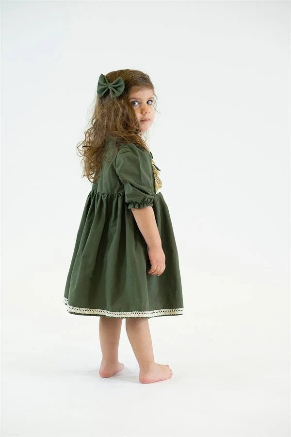 KIDS CLOTHES for 2-6 Years - Girl Dress Toddler Clothes, Vintage Olive Green Dress with Lace and Bow Detail Cotton Fabric Dress (Copy)