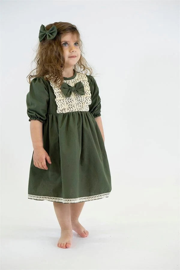 KIDS CLOTHES for 2-6 Years - Girl Dress Toddler Clothes, Vintage Olive Green Dress with Lace and Bow Detail Cotton Fabric Dress (Copy)