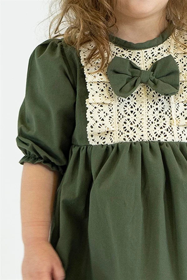 KIDS CLOTHES for 2-6 Years - Girl Dress Toddler Clothes, Vintage Olive Green Dress with Lace and Bow Detail Cotton Fabric Dress (Copy)