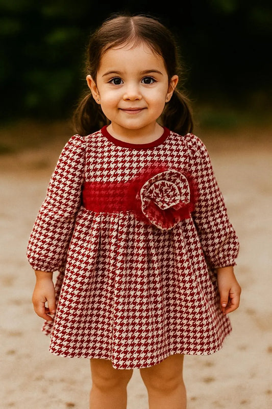 KIDS CLOTHES for 0-3 Years - Girl Dress Toddler Clothes, White and Red Houndstooth Cotton Fabric Dress